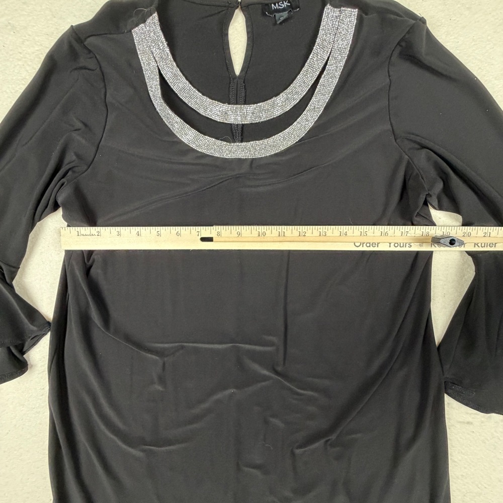 MSK Black Shift Dress Rhinestone Neckline Bell Sleeve Cocktail XL RN 90714 - Picture 5 of 7